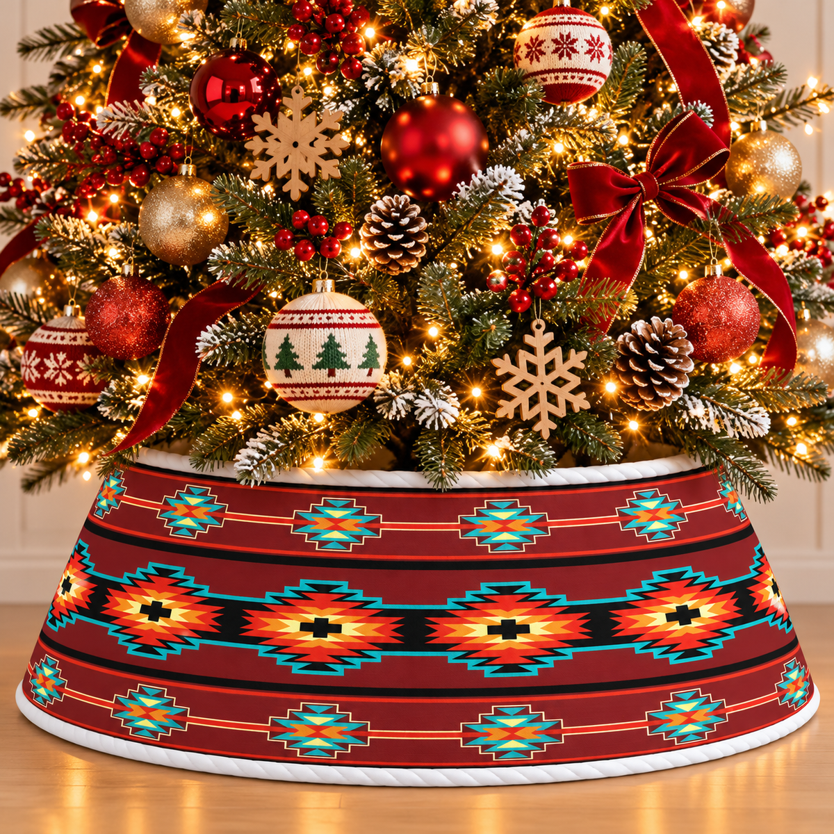 Quilted Christmas Tree Collar - Native American Navajo Geometric Diamond Pattern Southwestern Tribal Turquoise Red Black Boho Christmas Decor