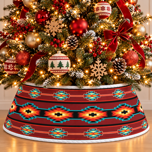 Quilted Christmas Tree Collar - Native American Navajo Geometric Diamond Pattern Southwestern Tribal Turquoise Red Black Boho Christmas Decor