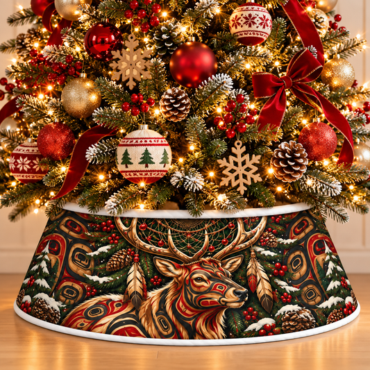 Quilted Christmas Tree Collar - Native American Tribal Deer Dreamcatcher Feather Antler Spirit Wildlife Southwestern Heritage Christmas Decor