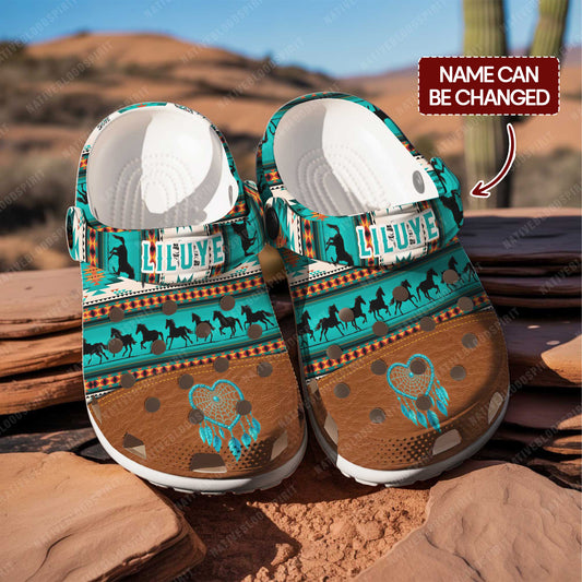 Custom Name Clogs – Tribal Green, Galloping Horses & Dreamcatcher Motif