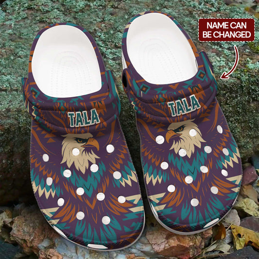 Custom Name Bald Eagle Crocs – Native Inspired Aztec Pattern Clogs for Men & Women