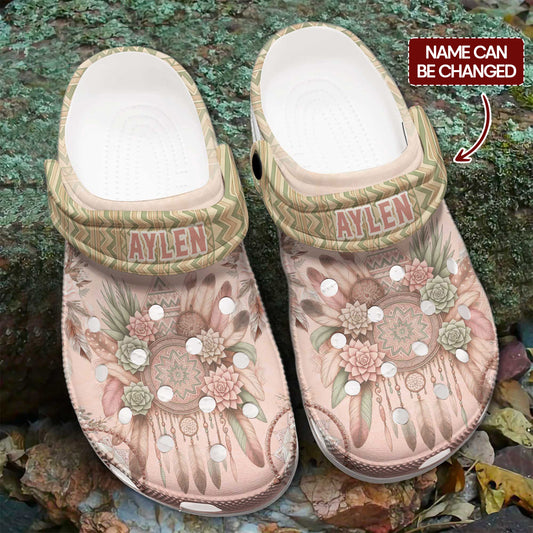 Custom Name Dreamcatcher Floral Clogs – Soft Pastel Native Pattern Shoes Gift
