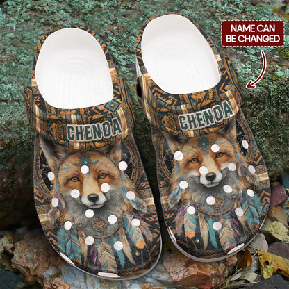 Custom Name Native Fox Spirit Clogs – Tribal Pattern, Feather Design & Family Gift