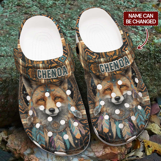Custom Name Native Fox Spirit Clogs – Tribal Pattern, Feather Design & Family Gift