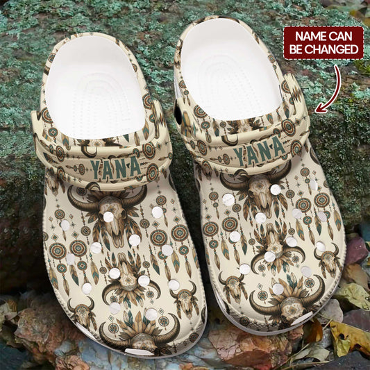 Custom Name Native Spirit Clogs – Dreamcatcher & Buffalo Skull | Gift for Family