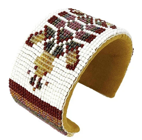 Brown White Turtle Hard Cuff Wide Leather Beaded Handmade Bracelet