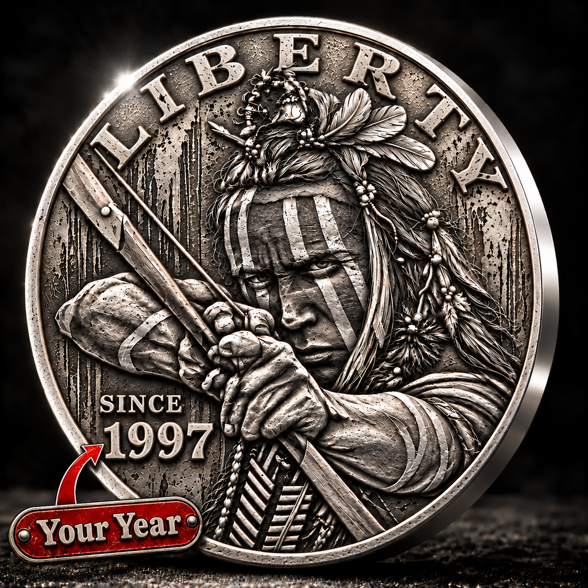 Liberty Freedom Coin Indigenous-Inspired Warrior Medallion, Custom Name & Year Keepsake - Personalized 3D Printing Pocket Hug