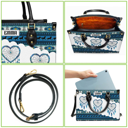 Personalized Leather Handbag for Women - Design Patterns Boho Blue & White Dreamcatcher