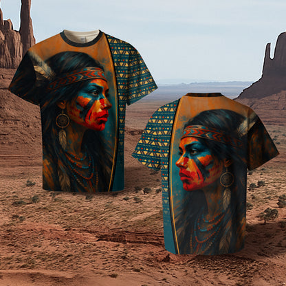 3D T-Shirt " Tribal Feather – Bold Red & Geometric Patterns & MMIW"