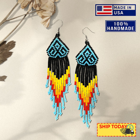 Black Multicolored Long Pattern Beaded Handmade Earrings For Women