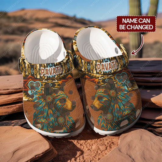Custom Name Native American Bear Clogs – Tribal Style Clog Shoes for Nature Lovers