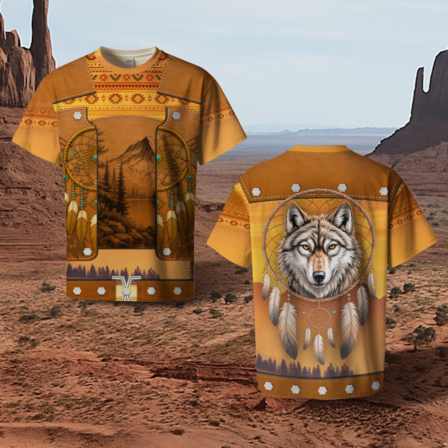 3D T-Shirt " Tribal Dreamcatcher – Golden Horizon with Sacred Mountain Motif"