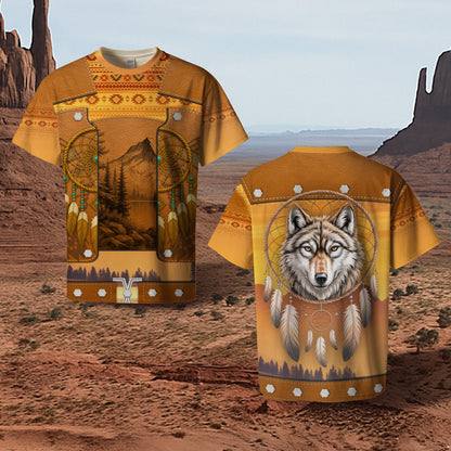 3D T-Shirt " Tribal Dreamcatcher – Golden Horizon with Sacred Mountain Motif"