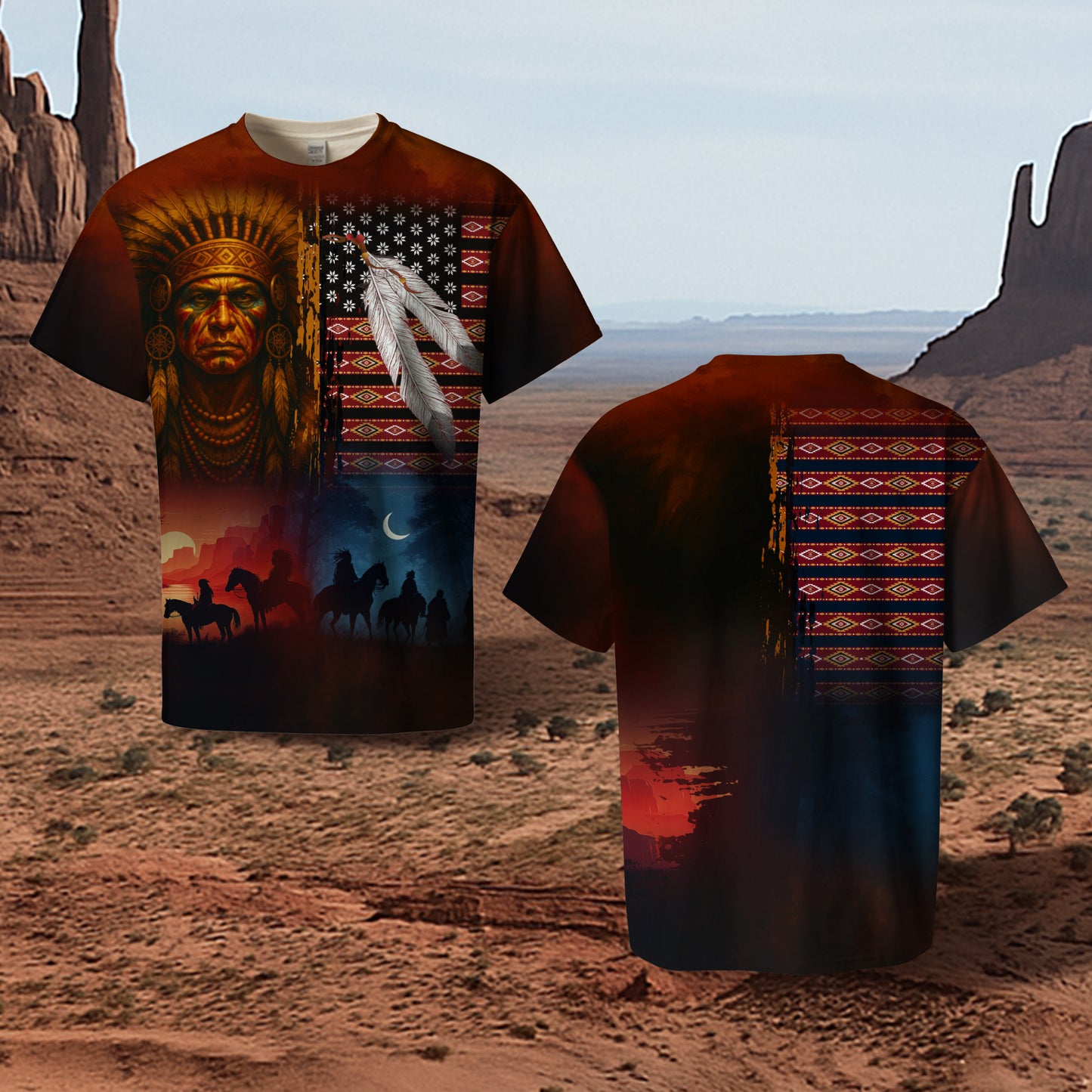 3D T-Shirt  "Native Heritage – The Chief Spirit in Red & Blue, Symbol of Freedom and Pride"