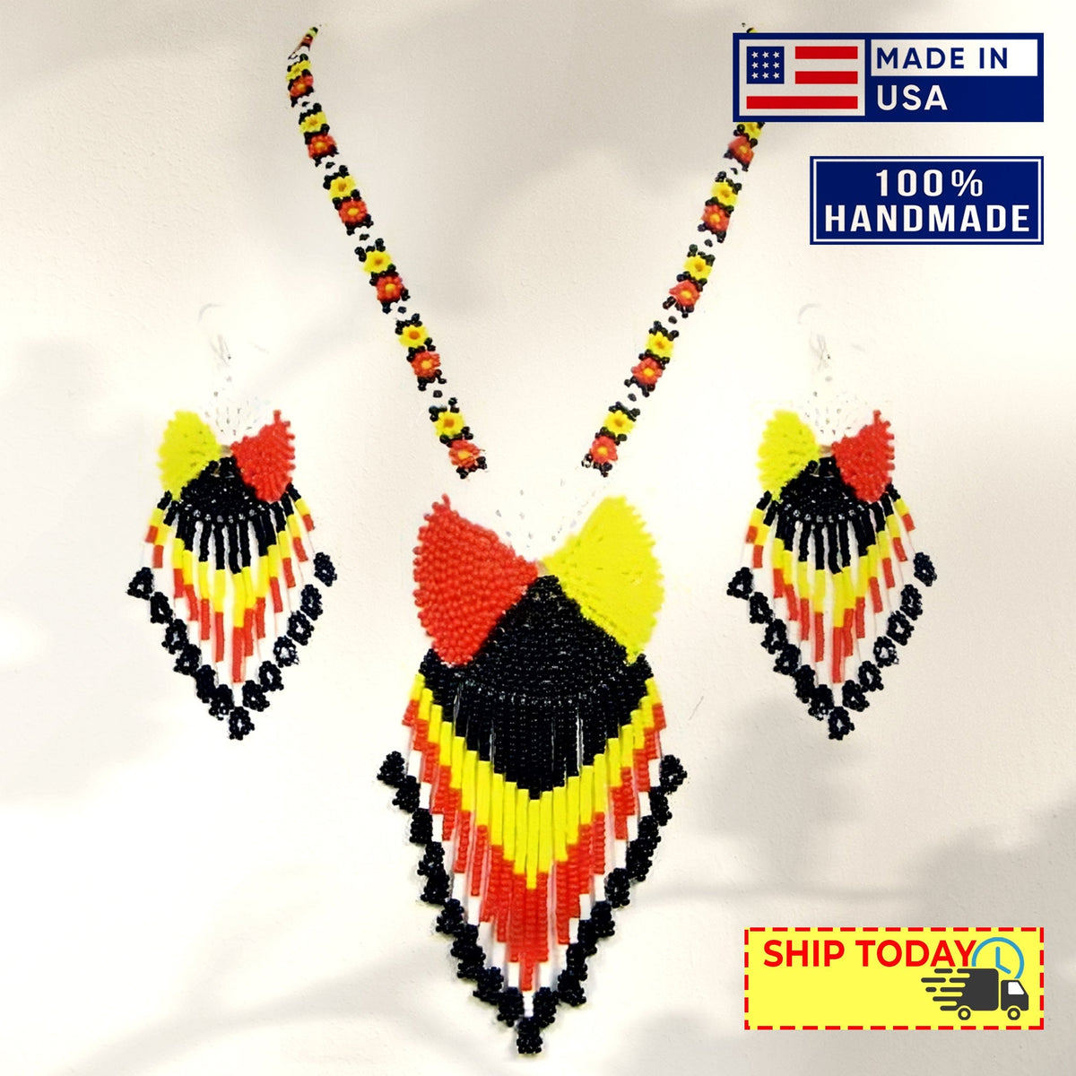 Black Yellow Red Black Seed Beaded Medicine Wheel Necklace Earrings Set