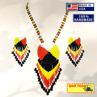 Black Yellow Red Black Seed Beaded Medicine Wheel Necklace Earrings Set