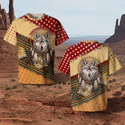 3D T-Shirt " Wild Spirit – Wolf and Dreamcatcher Design in Beige and Deep Red Tribal Pattern"