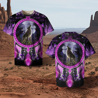3D T-Shirt " Wolf Dreamcatcher – Purple Tribal Moon Howl Design"