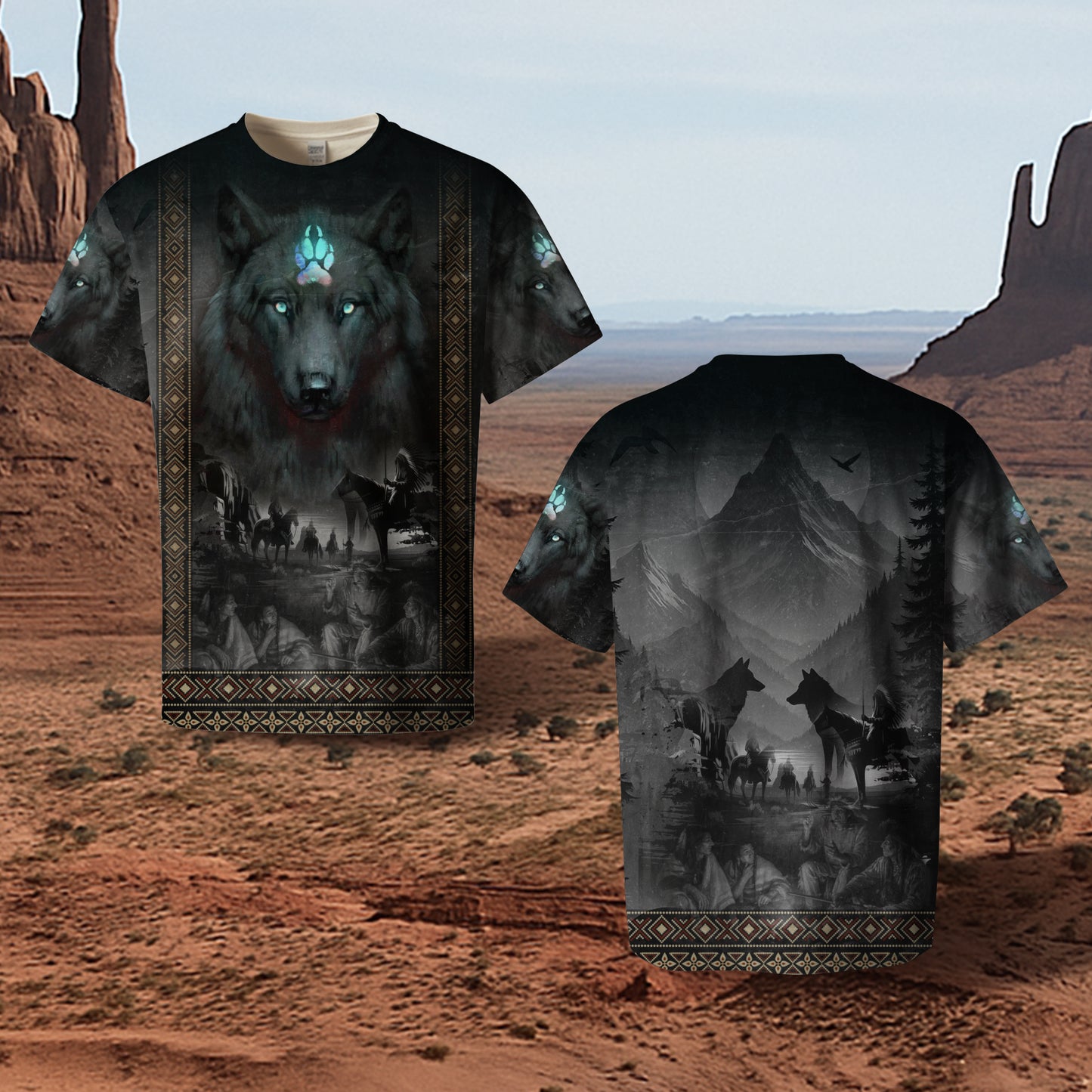 3D T-Shirt - "Tribal Wolf Guardian  – 3D Native Spirit Artwork, Blue Eyes Wolf Totem"