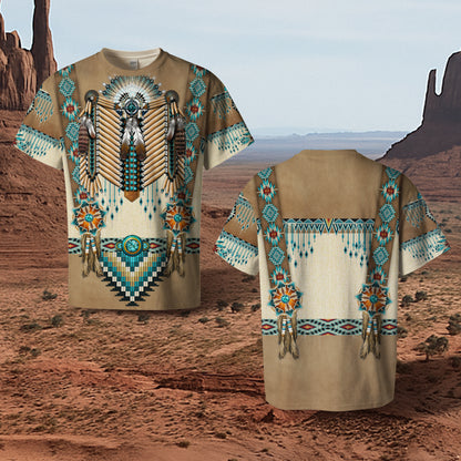 3D T-Shirt " Tribal Beaded Headdress – Turquoise & Feather Pattern"