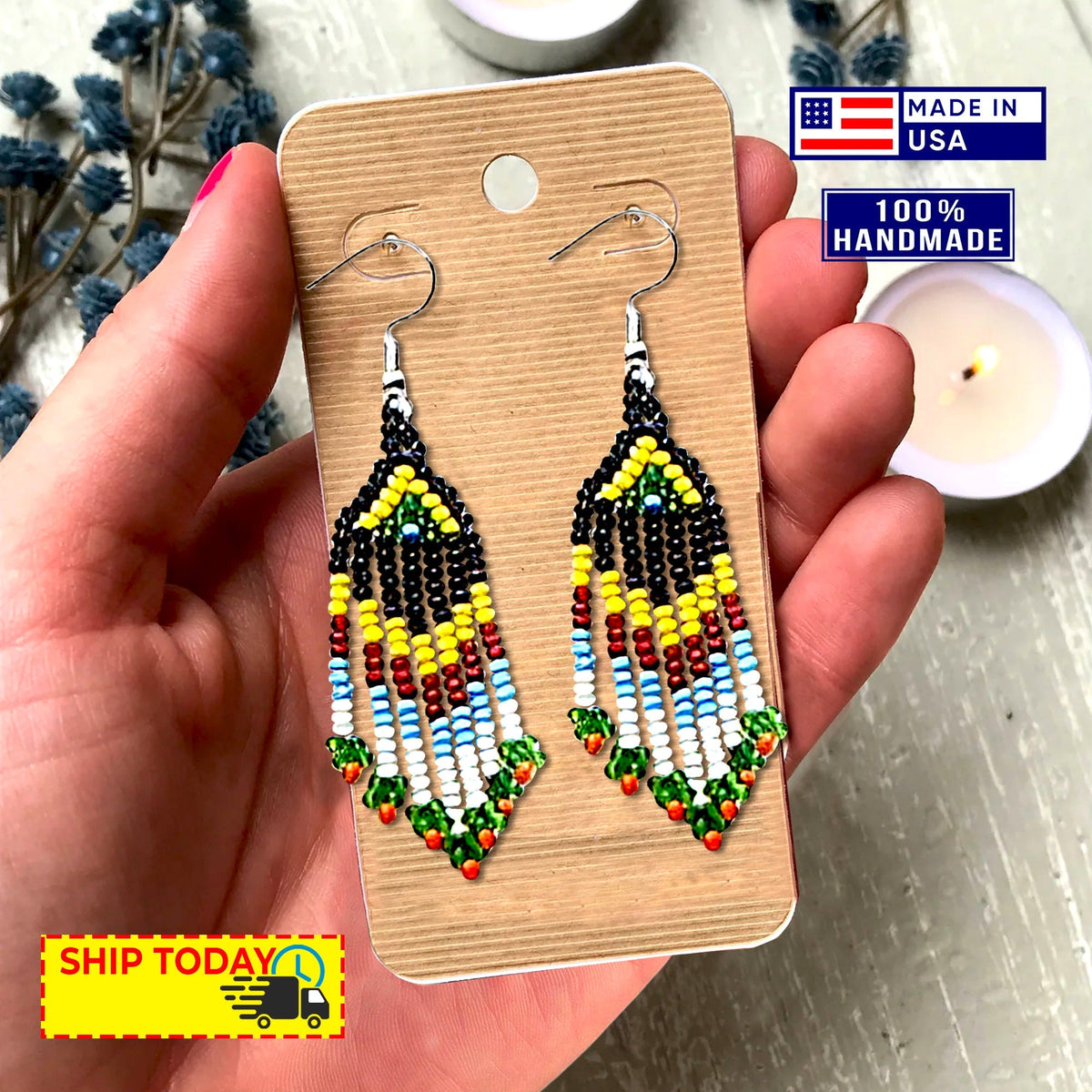 Black Yellow Seed Bead Long Star Medallion Handmade Necklace Earrings Set
