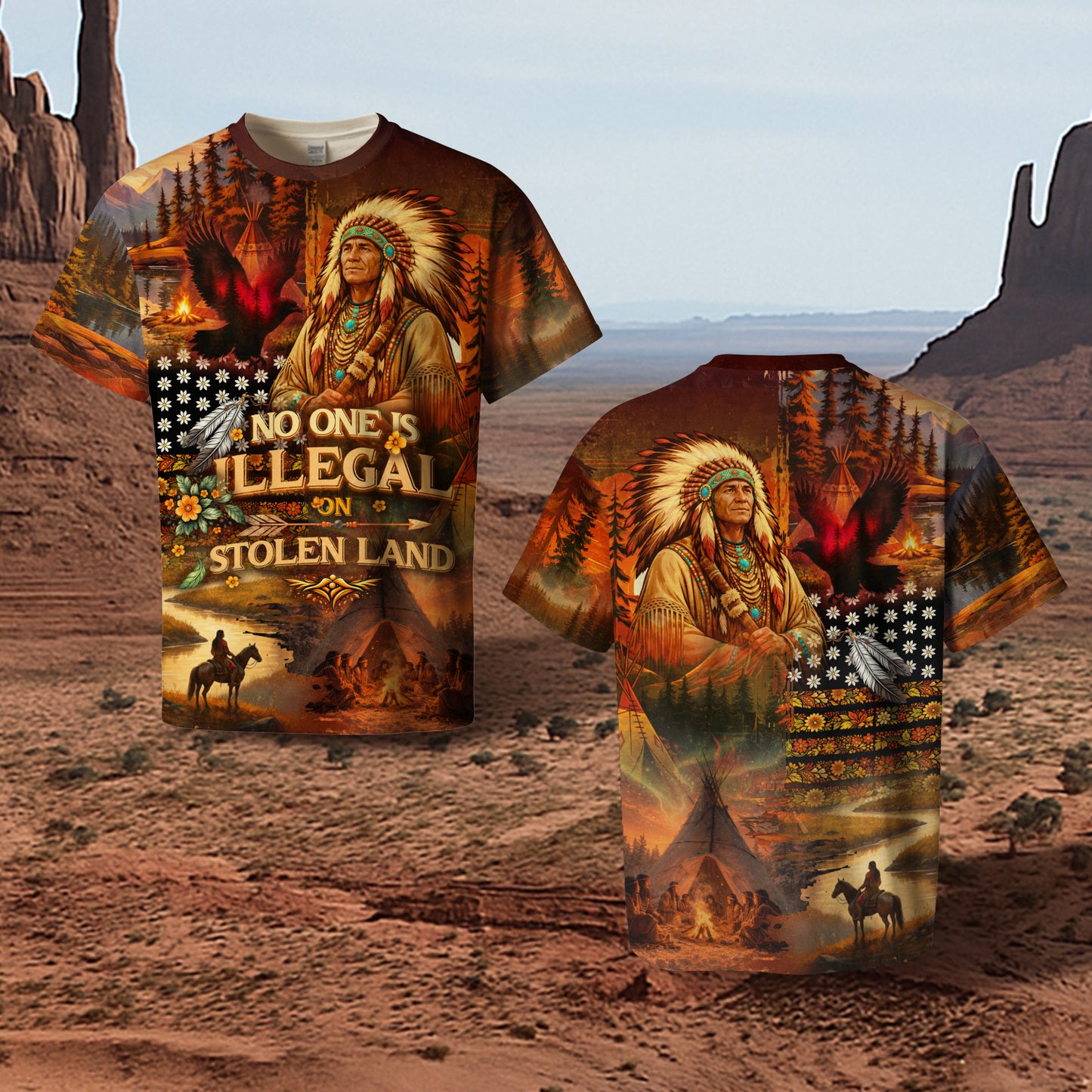 3D T-Shirt " No One Is Illegal on Stolen Land – Native American 3D Graphic T-Shirt