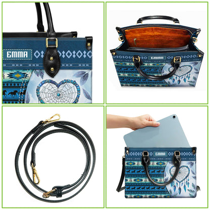 Personalized Leather Handbag for Women - Design Patterns Boho Blue Dreamcatcher