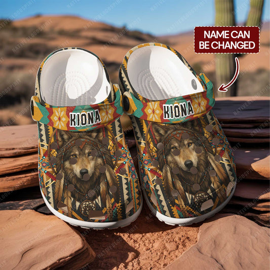 Custom Wolf Dreamcatcher Clogs - Boho Tribal Clogs for Animal Lovers