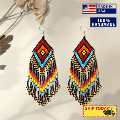 Native Style Multi-Color Long Beaded Handmade Earrings For Women