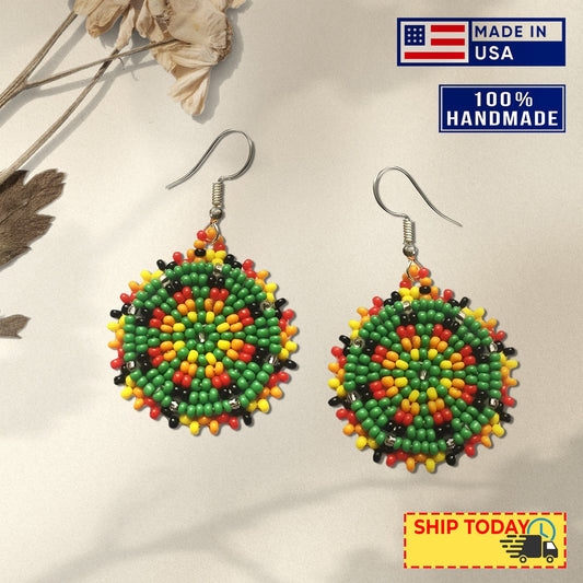 Cute Round Green Beaded Handmade Earrings For Women