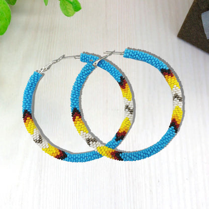 Handmade Cyan Blue 3-Inch Hoop Beaded Earrings for Women