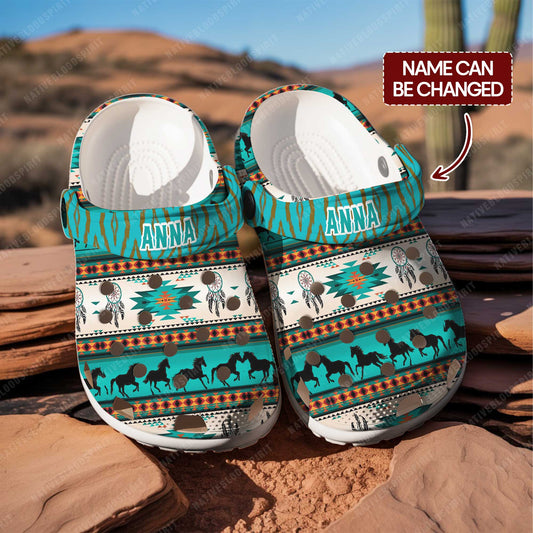 Custom Name Native Horse Pattern Clogs – Dreamcatcher & Tribal Design, Family Gift