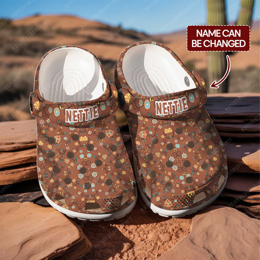 Custom Name Boho Floral Clogs – Warm Tribal Print, Personalized Gift for Family