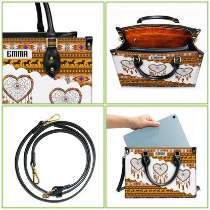 Personalized Leather Handbag for Women - Design Patterns Boho Yellow & White Dreamcatcher