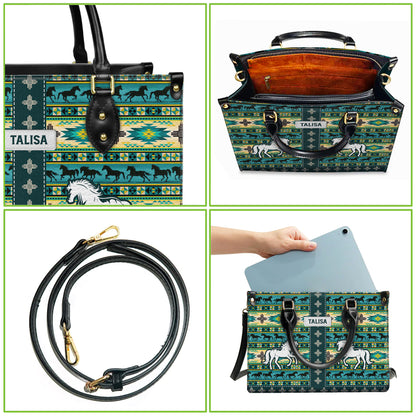 Personalized Leather Handbag for Women - Design Patterns Boho Native Spirit Galloping Horse