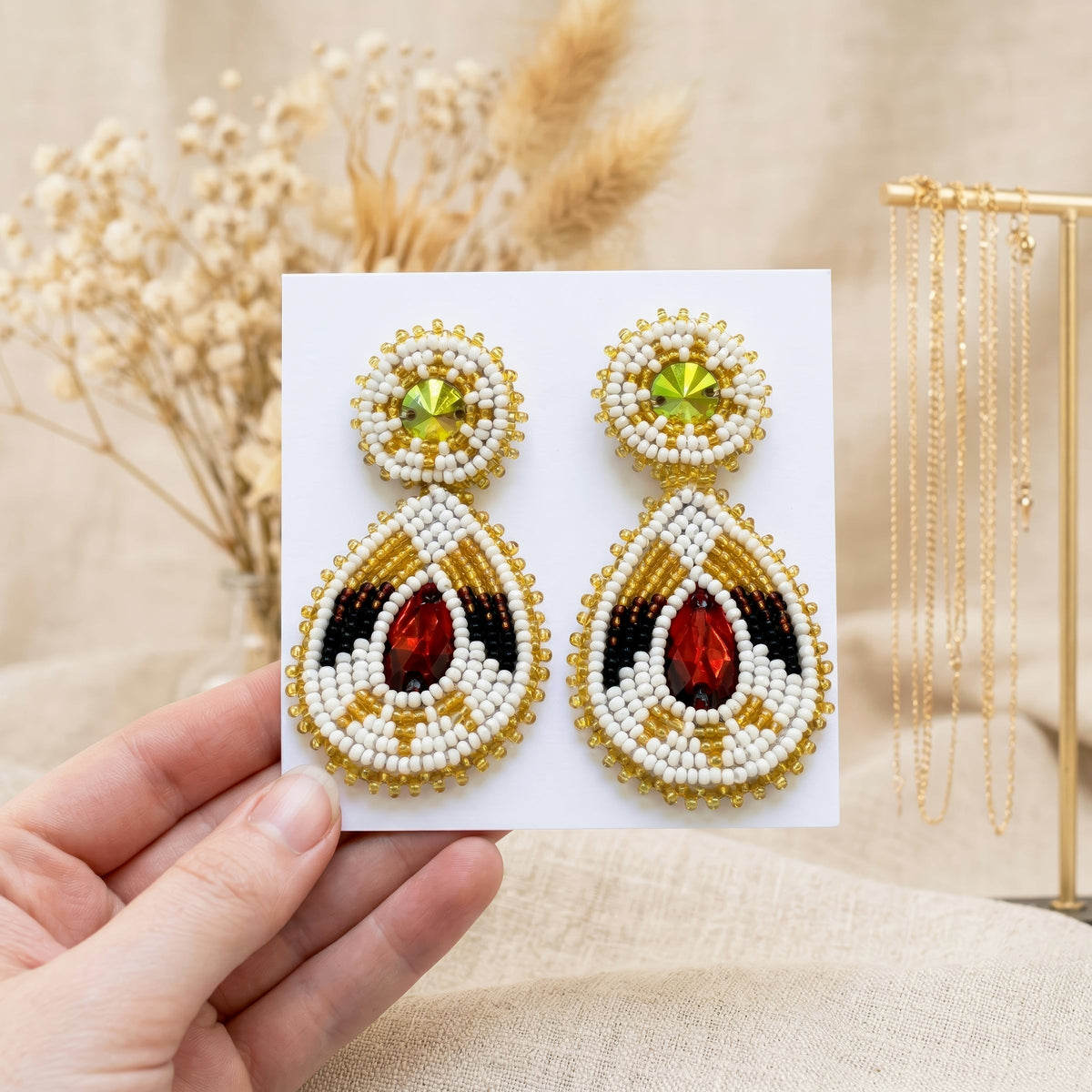 Handmade Beaded Teardrop Shape Post White Maroon Earrings