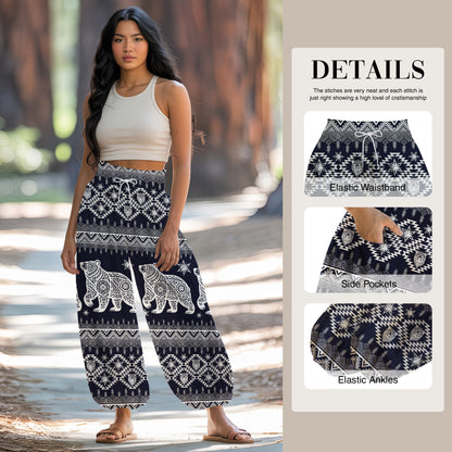Tribal Bear Print Harem Pants  - Yoga Boho Clothes with Pockets