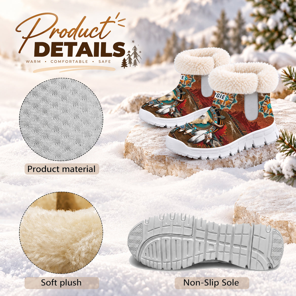 Personalized Snow Boots - Buffalo Skull & Dreamcatcher Native Western Spirit Style