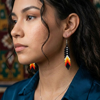 Handmade Beaded Feather, Colorful Seed Bead Dangle Earrings
