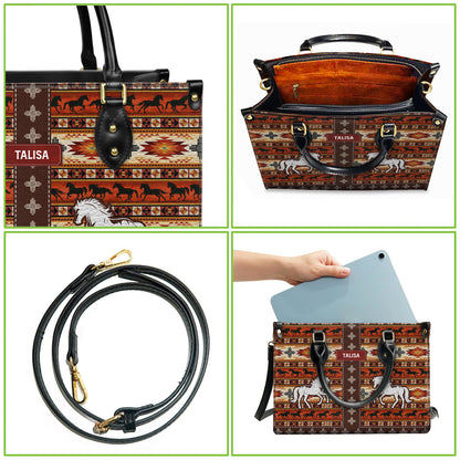 Personalized Leather Handbag for Women - Design Patterns Boho Rustic Orange Spirit Horse