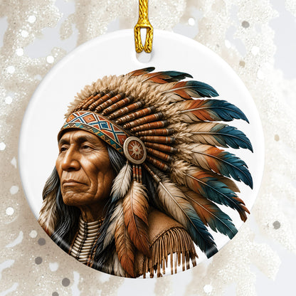 Native American Chief Portrait Christmas Ornament – Tribal Heritage Ceramic Holiday Tree Decoration