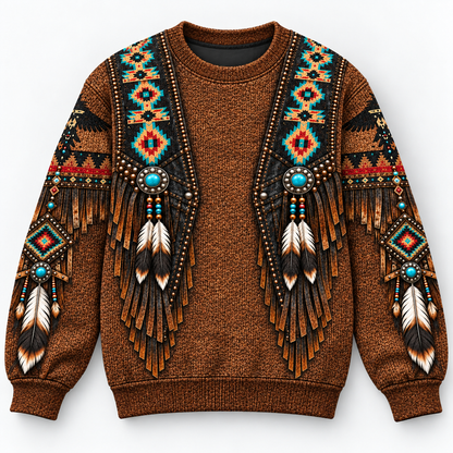3D Knitted Sweater Native American Faux Leather Vest Hoodie, Southwestern Tribal Eagle Feather Graphic