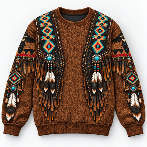3D Knitted Sweater Native American Faux Leather Vest Hoodie, Southwestern Tribal Eagle Feather Graphic