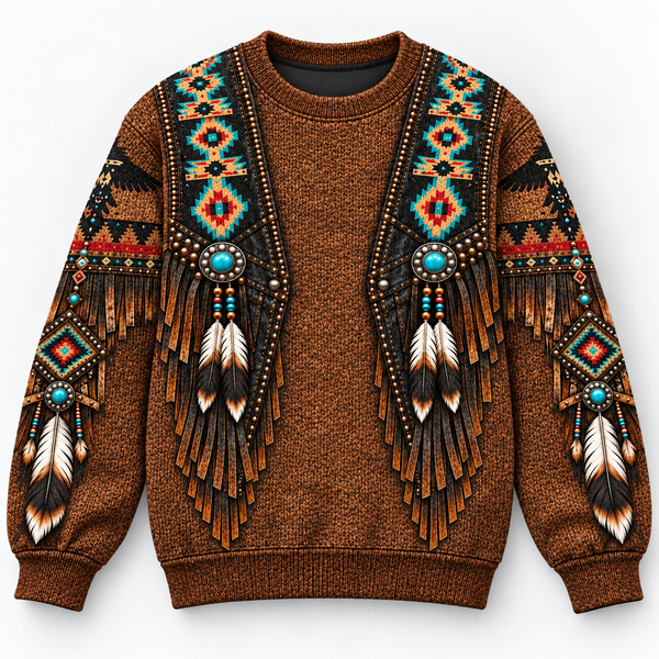 3D Knitted Sweater Native American Faux Leather Vest Hoodie, Southwestern Tribal Eagle Feather Graphic