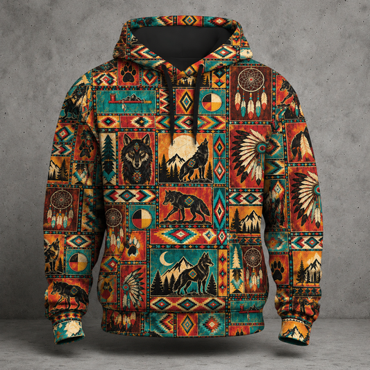 Native American Inspired Wolf Hoodie Southwestern Heritage Patchwork Pullover Hoodie