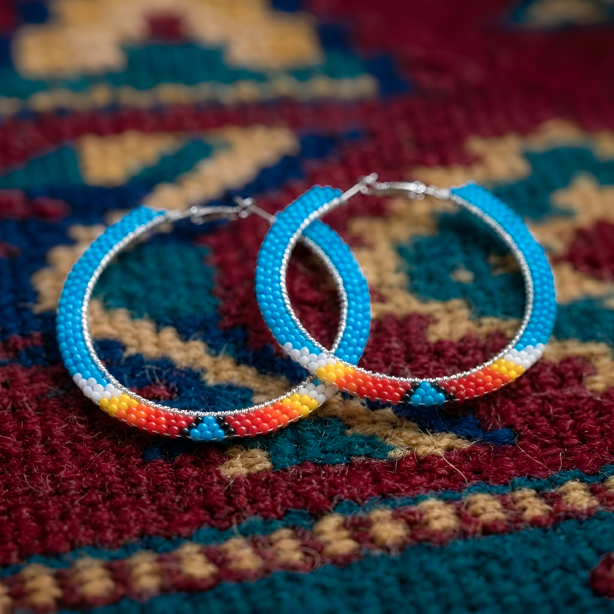 Handmade Beaded Hoop, Colorful Seed Bead Statement Earrings