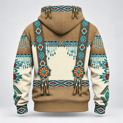 3D Fleece Jacket Tribal Beaded Headdress Hoodie – Turquoise & Feather Pattern