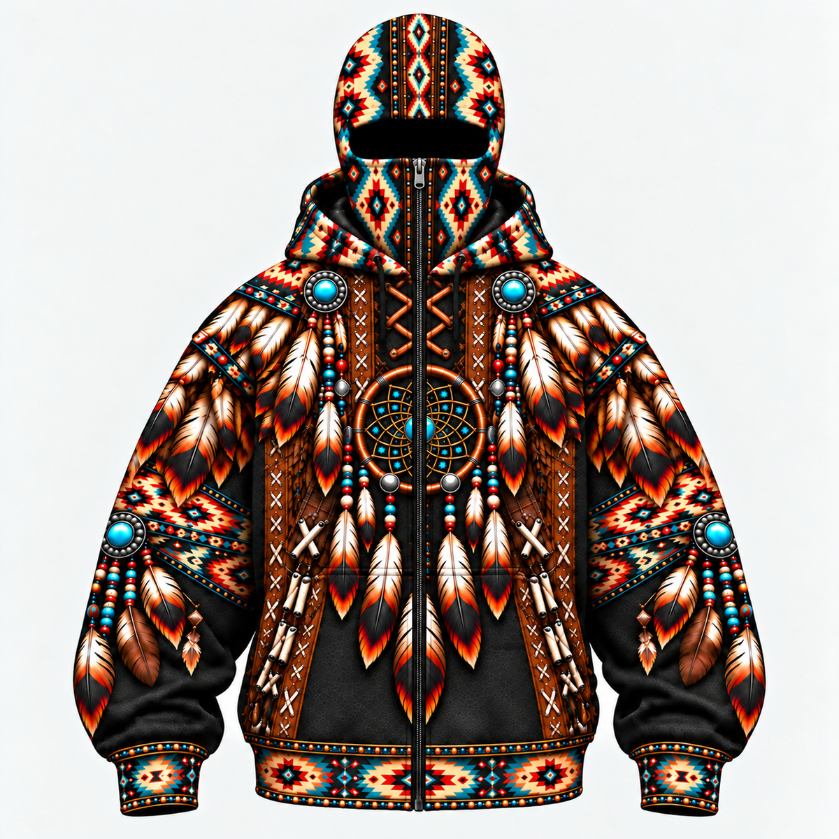 3D Balaclava Zip Hoodie Native American Dreamcatcher Feather Turquoise Leather Tribal Heritage Southwestern Geometric Pattern