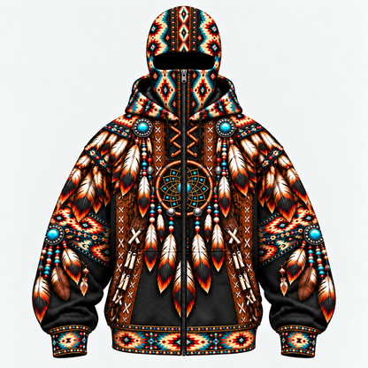 3D Balaclava Zip Hoodie Native American Dreamcatcher Feather Turquoise Leather Tribal Heritage Southwestern Geometric Pattern