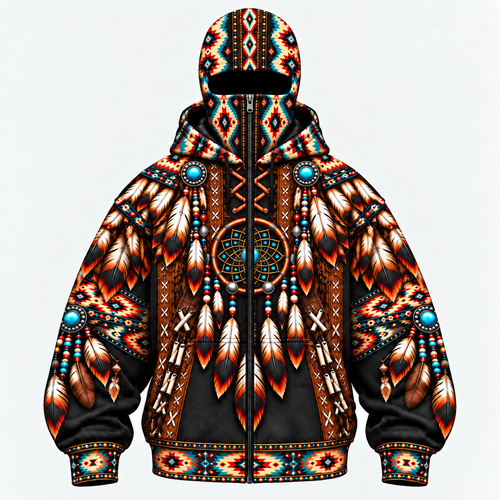 3D Balaclava Zip Hoodie Native American Dreamcatcher Feather Turquoise Leather Tribal Heritage Southwestern Geometric Pattern